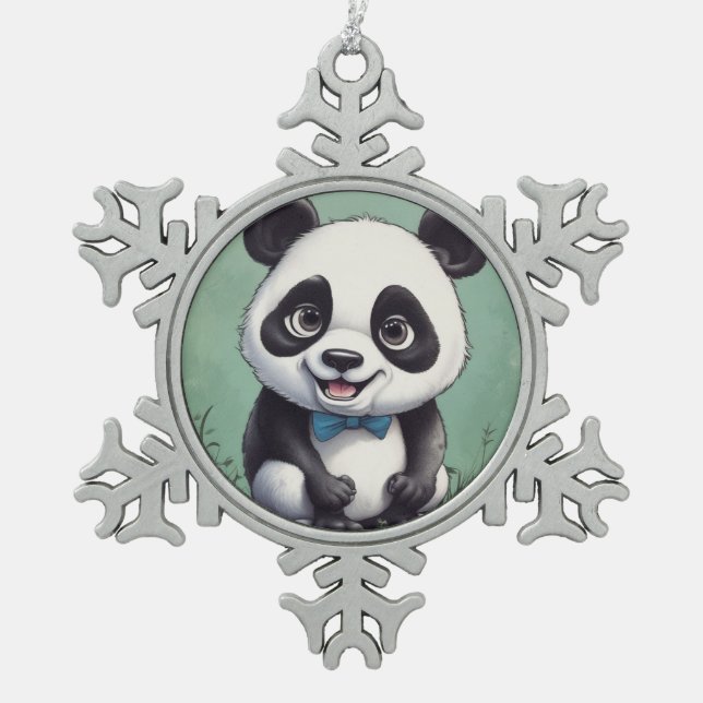 Panda Cartoon Drawing Art Snowflake Pewter Christmas Ornament (Front)