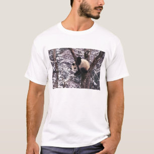 Panda cub playing on tree covered with snow, T-Shirt
