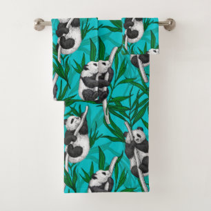 Panda cubs on turquoise bath towel set