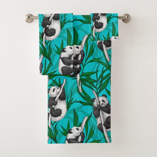 Panda cubs on turquoise bath towel set (Insitu)