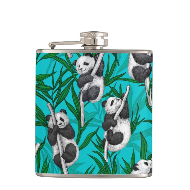 Panda cubs on turquoise hip flask (Front)