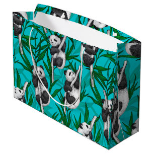 Panda cubs on turquoise large gift bag