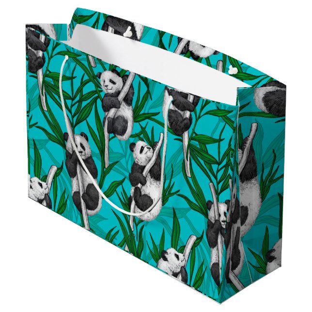 Panda cubs on turquoise large gift bag (Back Angled)