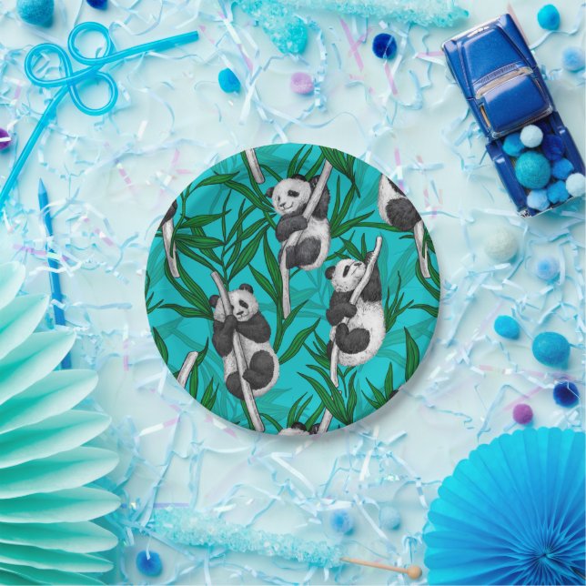 Panda cubs on turquoise paper plate (Party)