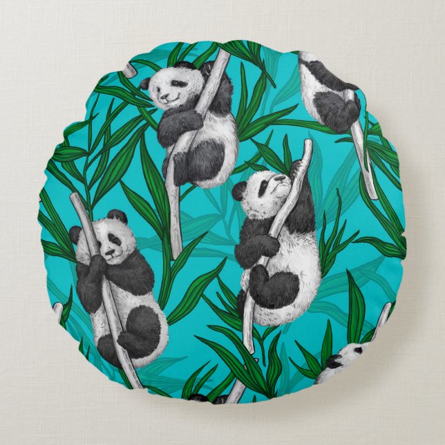 Panda cubs on turquoise round cushion (Front)