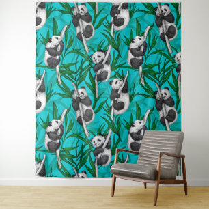 Panda cubs on turquoise tapestry