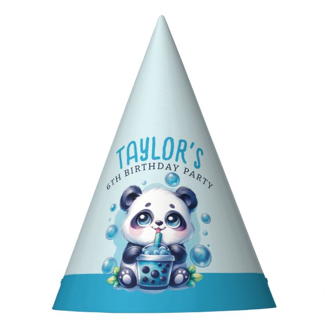 Panda Drinking Blue Boba Bubble Tea Birthday Party Hat (Front)