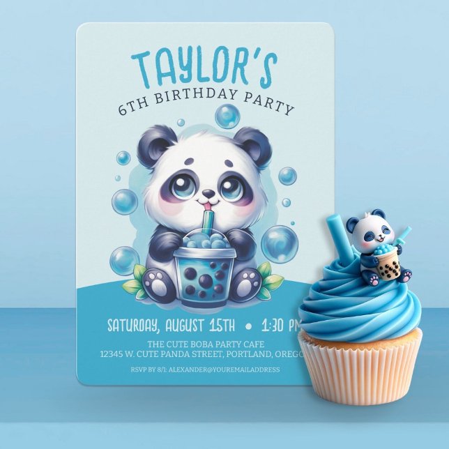Panda Drinking Blue Boba Bubble Tea Birthday Party Invitation (Creator Uploaded)