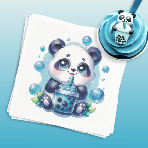 Panda Drinking Blue Boba Bubble Tea Napkin