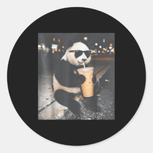 Panda drinking iced coffee funny animal meme men classic round sticker