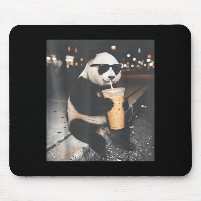 Panda drinking iced coffee funny animal meme men mouse pad (Front)