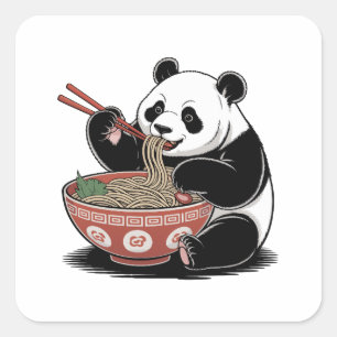 Panda Eating Ramen Japanese Retro Ukiyo-e Style Square Sticker