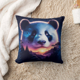 Panda Face with Surreal Forest and Sunset  Cushion