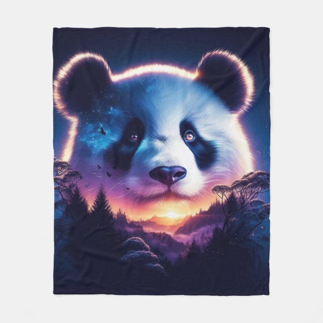 Panda Face with Surreal Forest and Sunset  Fleece Blanket (Front)