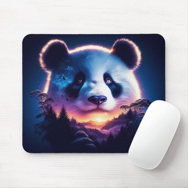 Panda Face with Surreal Forest and Sunset Mouse Pad (With Mouse)