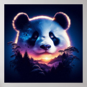 Panda Face with Surreal Forest and Sunset Poster