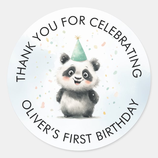 Panda First Birthday Thank You Sticker (Front)