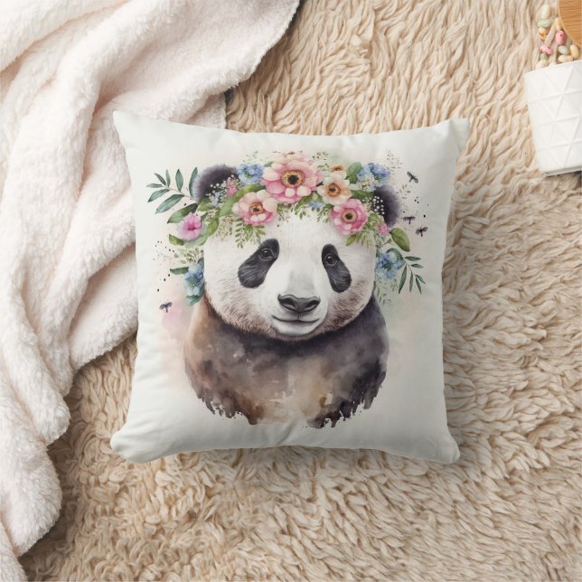 Panda Flowers Watercolor                           Cushion (Blanket)