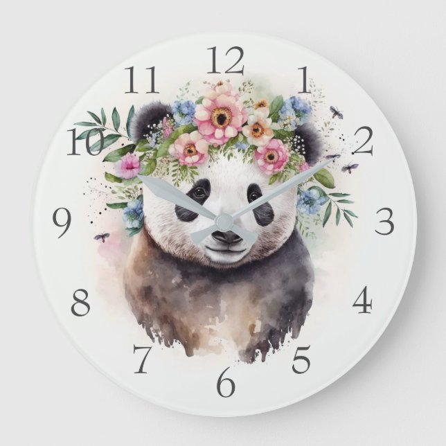 Panda Flowers Watercolor                         Large Clock (Front)