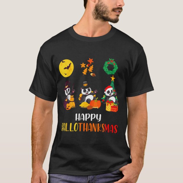 Panda Halloween Christmas Happy Hallothanksmas Pan T-Shirt (Front)