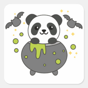 Panda Happy Halloween Cauldron Bat Square Sticker