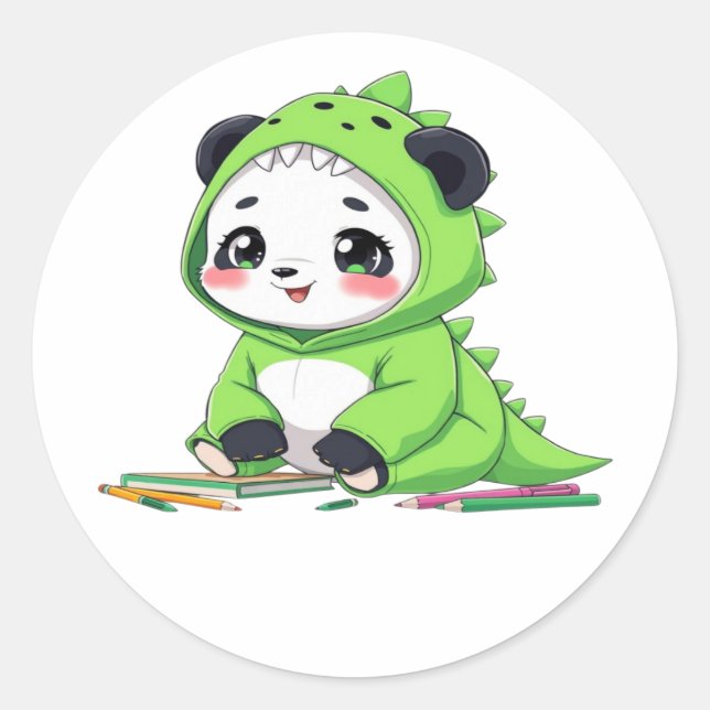 Panda in a dinosaur costume classic round sticker (Front)