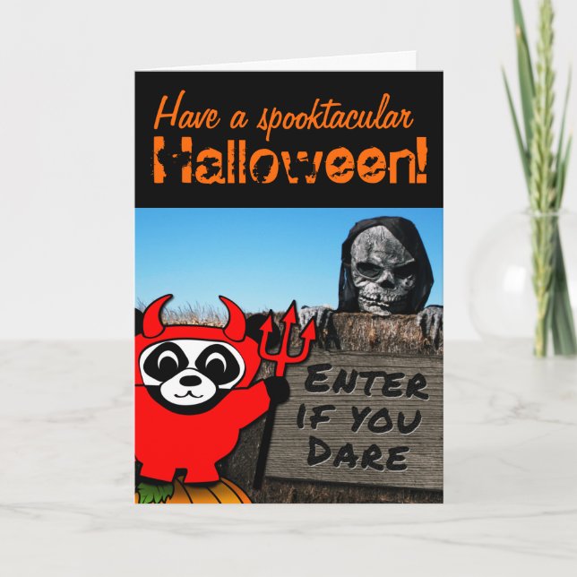 Panda in Devil Costume at Haunted Corn Maze Card (Front)