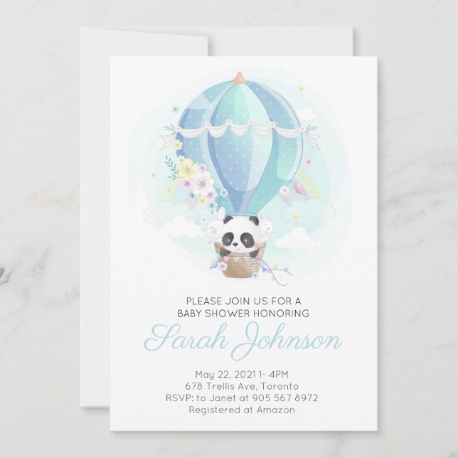 Panda in Hot Air Balloon Baby Shower Invitation (Front)