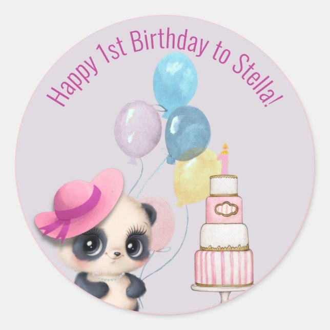 Panda in Pink Hat | Baby's 1st Birthday Classic Round Sticker (Front)