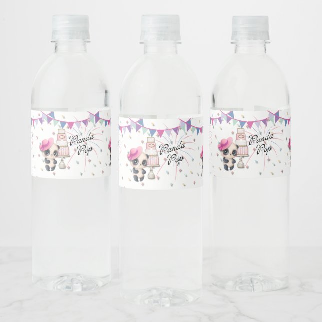 Panda in Pink Hat | Panda Pop Water Bottle Labels (Bottles)