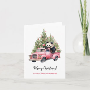 Panda in Pink Truck Christmas trees Card