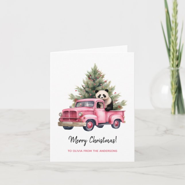 Panda in Pink Vintage Truck Christmas  Card (Front)