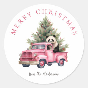 Panda in Pink Vintage Truck Christmas Holiday Classic Round Sticker