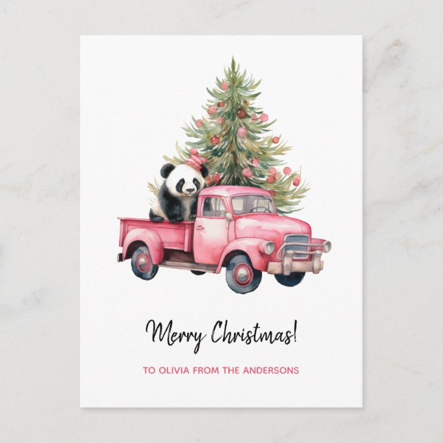 Panda in Retro Pink Truck Christmas tree Holiday Postcard (Front)
