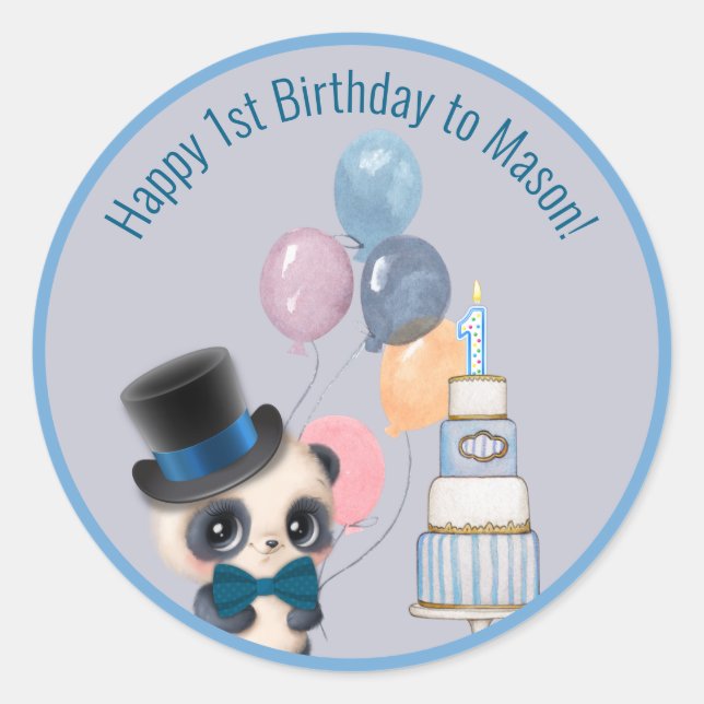 Panda in Top Hat | Baby's 1st Birthday Classic Round Sticker (Front)