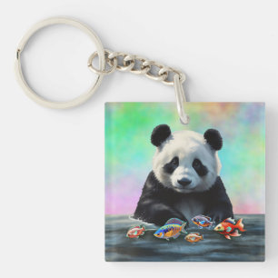 Panda is Gazes at Colorful Swimming Fish Key Ring