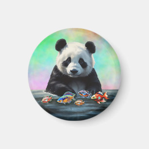 Panda is Gazes at Colorful Swimming Fish Magnet