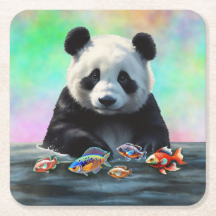 Panda is Gazes at Colorful Swimming Fish Square Paper Coaster