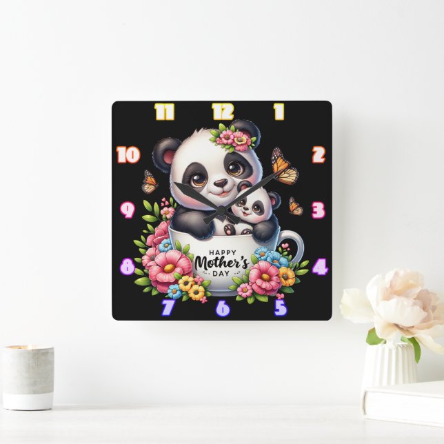 Panda Mum: Cub, Flowers, Mother's Day Square Wall Clock (Home)