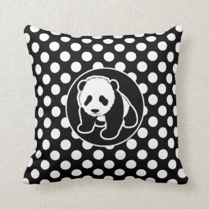 Panda on Black and White Polka Dots Cushion