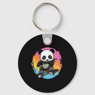 Panda On Skateboard Colorful Ckground Key Ring