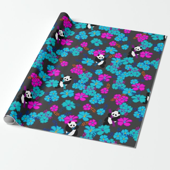 Panda Paradise Bloom Wrapping Paper (Unrolled)