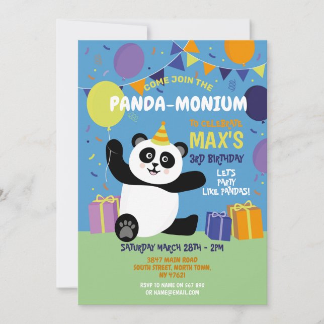 Panda Party Birthday Panda-monium Blue Invitation (Front)