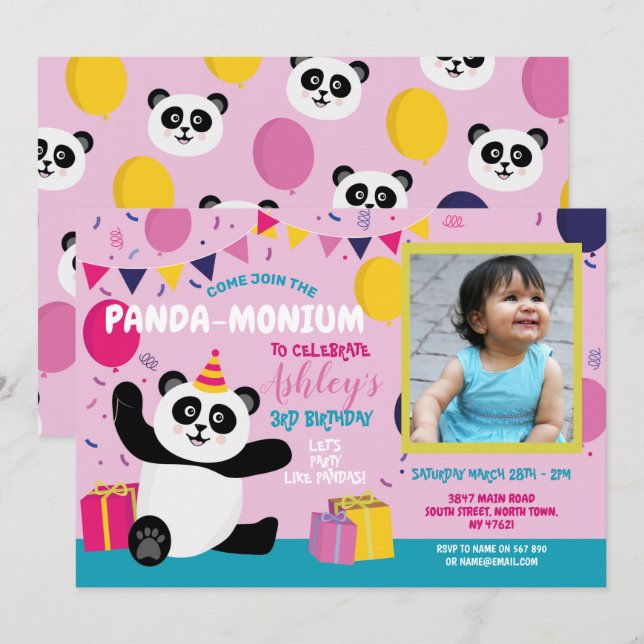 Panda Party Birthday Panda-monium Photo Pink Invitation (Front/Back)