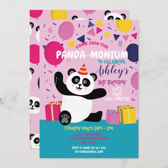 Panda Party Birthday Panda-monium Pink Invitation (Front/Back)