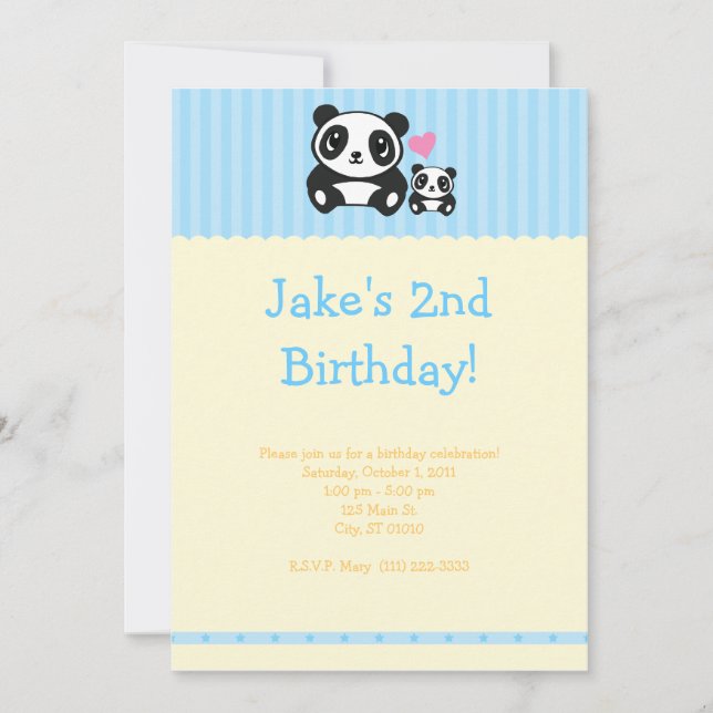 Panda Party Invitation - Blue & Cream (Front)