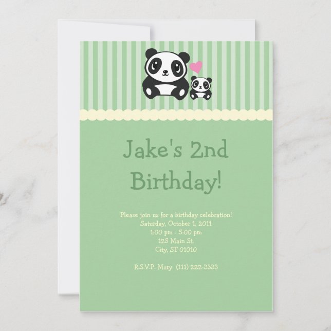 Panda Party Invitation - Green (Front)