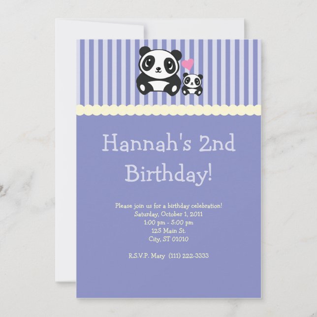 Panda Party Invitation - Purple (Front)
