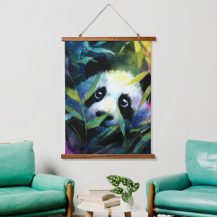 Panda Peeking Bamboo Watercolor Hanging Tapestry