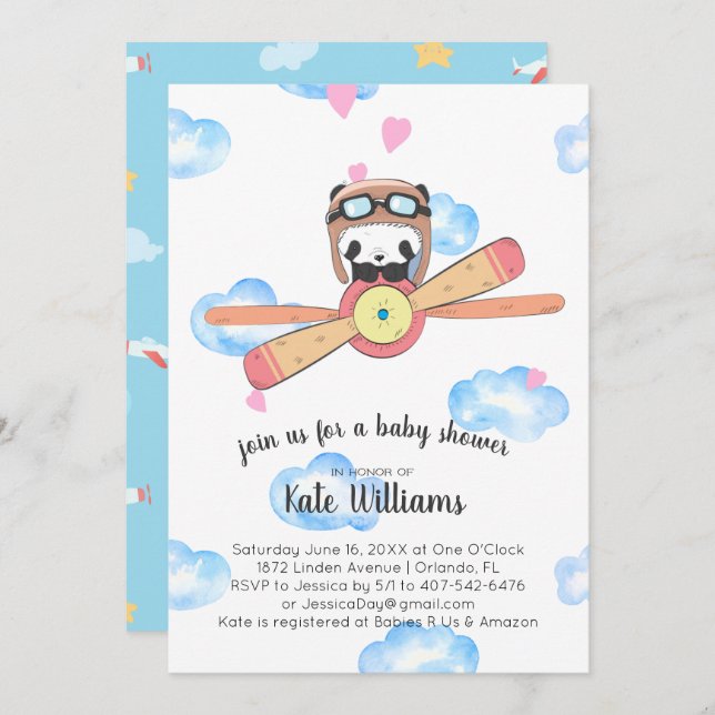 Panda Pilot Baby Shower Invitation (Front/Back)